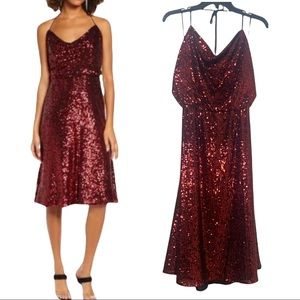 NWT Dress the Population Zherra Sequin Midi Dress in Red with Halter & Cowl Neck
